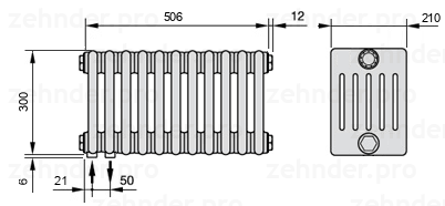 Схема (чертеж) Радиатор Zehnder Charleston 6030/11 №3370 Белый глянцевый RAL 9016